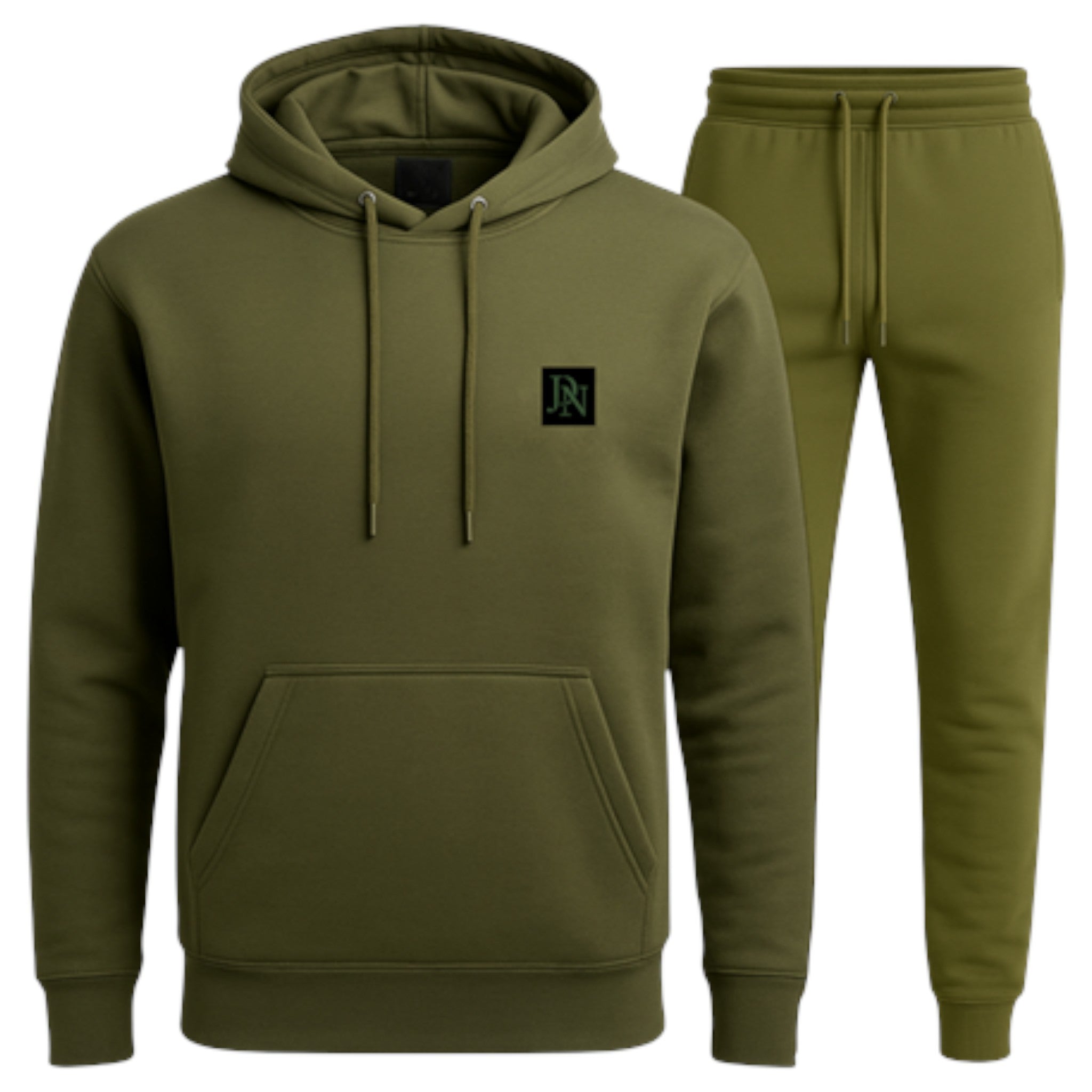 Men's JDN branded hooded tracksuit set in khaki green – plain hoodie with kangaroo pocket and matching joggers loungewear activewear